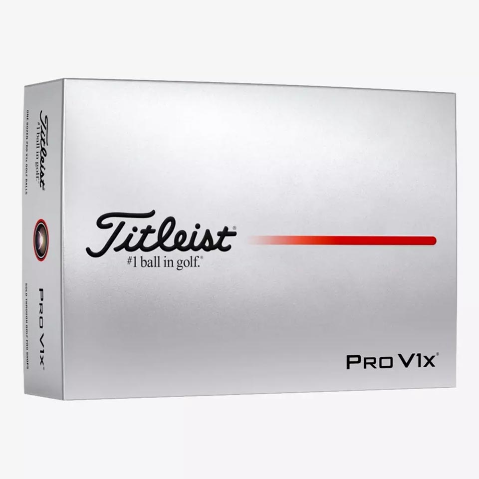 A silver box of Titleist Pro V1x golf balls with the Titleist logo, the #1 ball on the golf label and a striking red line design on the front of the golf ball package.
