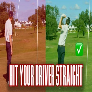 Split image showing golf.com editor zephyr melton watching drive sail left and then hitting straight drive