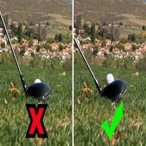Side-by-side images show incorrect (left, with a red X) and correct (right, with a green check) golf ball placement on the ground with a golf club, in front of a hilly neighborhood background.