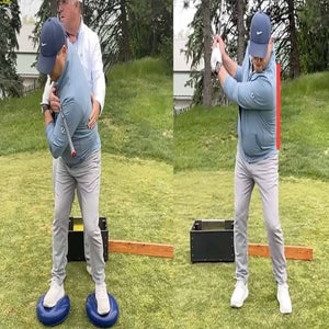 Split image showing a man demonstrating a golf swing. On the left, he stands on a blue balance pad mid-step; on the right, he raises a golf club in a backswing pose. He wears a blue jacket, gray pants, and a cap.