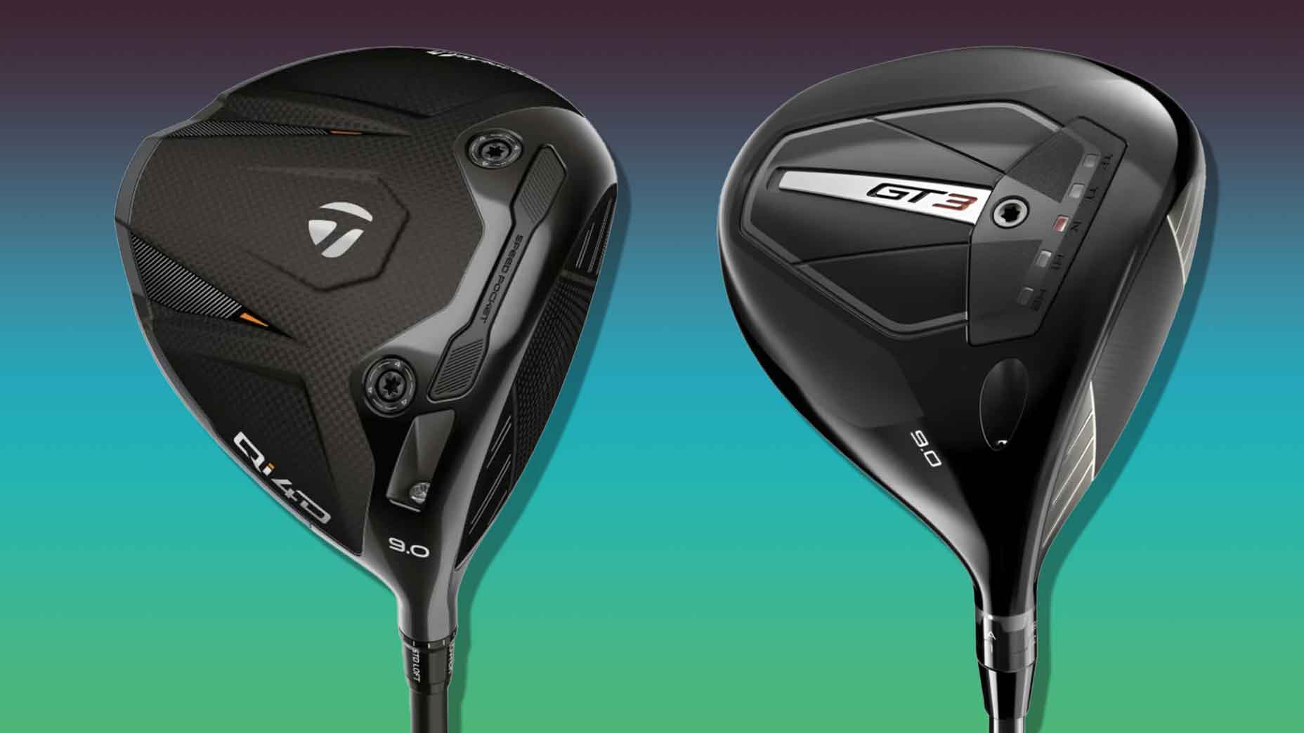 Two black drivers are displayed side by side against a gradient background. The left club has Qi10 branding, while the right features GT3 and a metallic accent near the top.