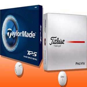 Two boxes of golf balls are shown: a blue TaylorMade TP5 box with a white golf ball and a white Titleist Pro V1x golf balls box, displayed on an orange-and-white gradient background.