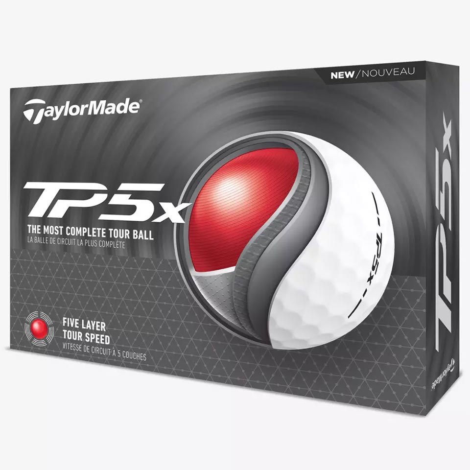 The TaylorMade TP5x golf ball case features a cut-out image that reveals its five-layer interior, with text highlighting it as the most complete five-layer tournament speed-delivering tour golf ball.