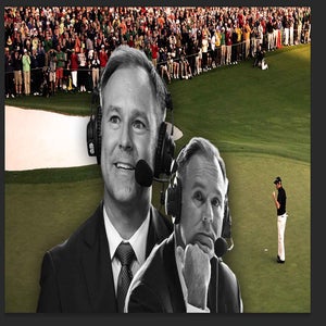 Two sports commentators wearing headsets are in the foreground&mdash;one smiling, one thoughtful. In the background, Trevor Immelman stands on the green as a large crowd watches from the sidelines.