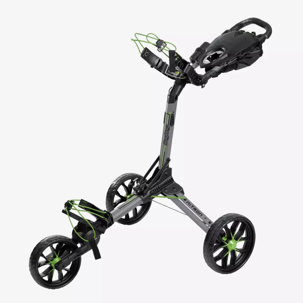 A three-wheeled golf push cart with a black and green color scheme, featuring a sturdy frame, adjustable handle, and storage compartment—perfect for those who ask, 