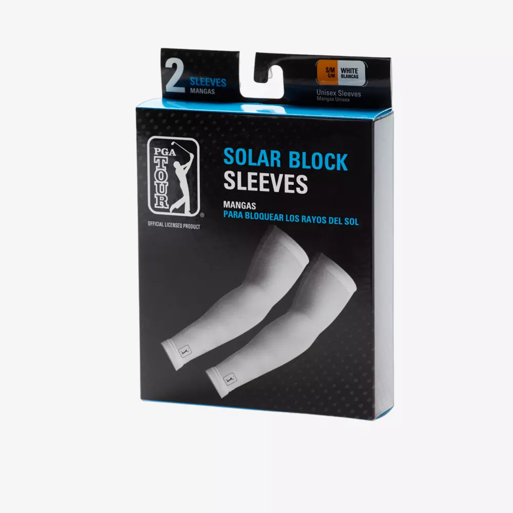 A PGA Tour sun sleeve box with an image of two white arm sleeves. The packaging highlights UV protection in English and Spanish - a smart pick from the 5 golf deals worth buying now.
