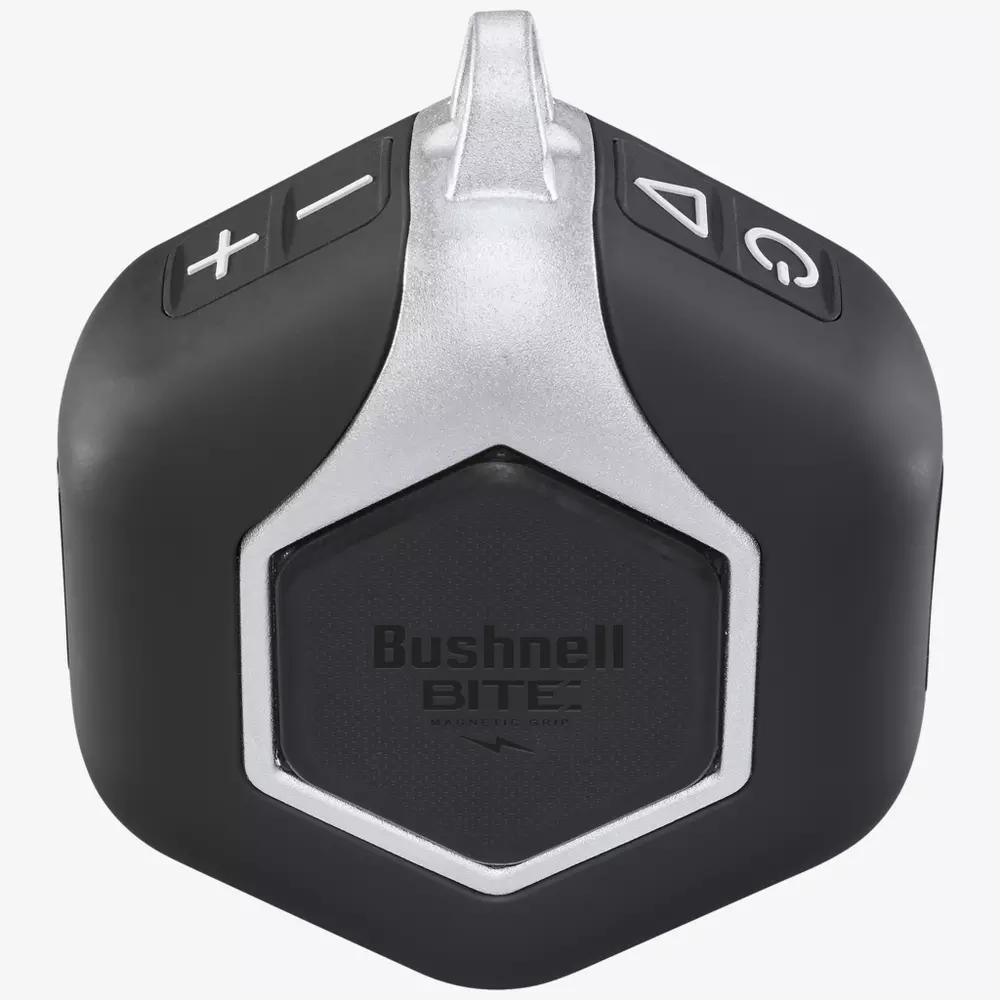 A black and silver hexagonal electronic device with buttons labeled plus, minus, power, and a triangle, featuring the Bushnell BITE Magnetic Clip logo on the front&mdash;an ideal companion to pair with the best golf smartwatch.