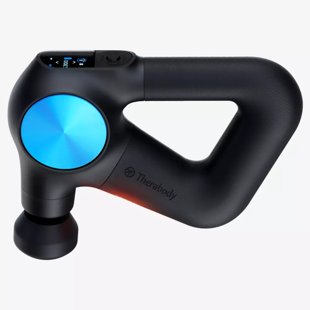 A black Therabody massage gun with a blue metallic circular accent, digital display, and a triangular handle design, shown on a white background—perfect for recovery after finding the best deals on premium golf tech.