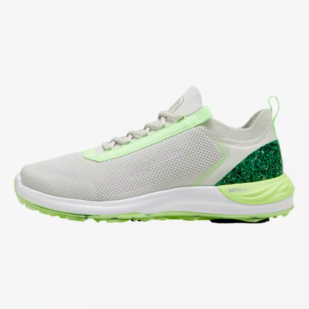 A light gray athletic shoe with a white sole, neon green accents on the heel and laces, and a bright green textured heel panel&mdash;perfect to pair with the best golf smartwatch. The mesh upper adds breathability, while a pull tab offers easy on and off.