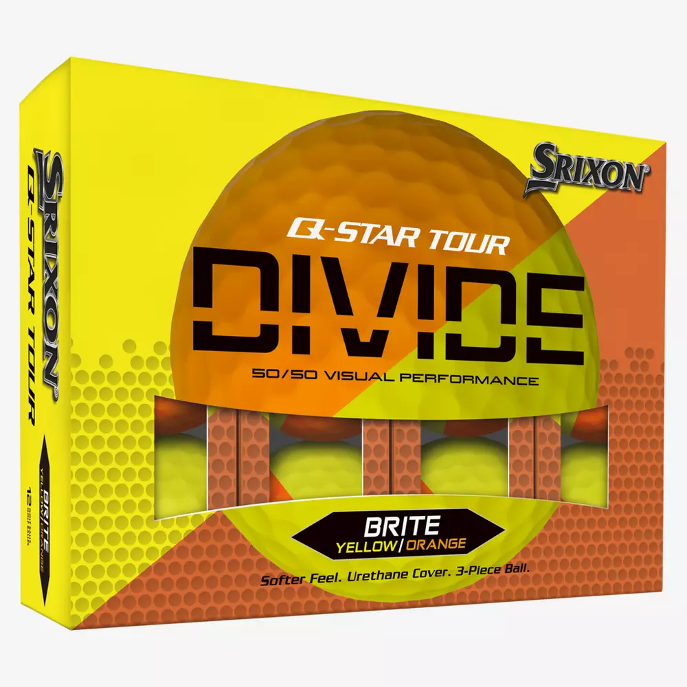 A pack of yellow and orange Srixon Q-Star Tour Divide golf balls features 