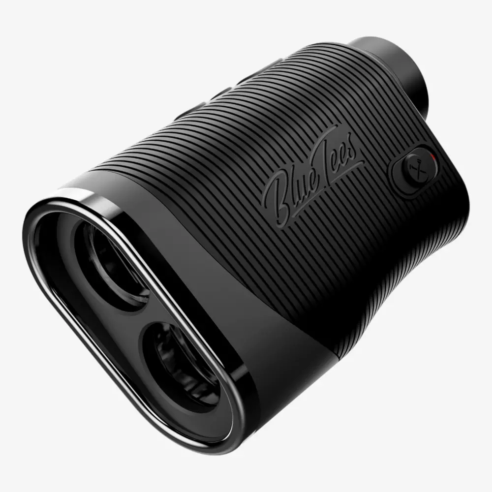 A black, handheld Blue Tees golf rangefinder with a textured grip, two round lenses, and a side button is shown on a white background—perfect for golfers seeking the best deals on premium golf tech.