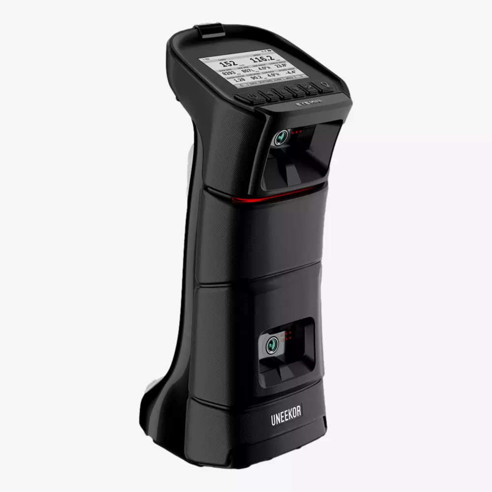 A black, handheld electronic device with a display screen on top showing numerical data, and labeled UNEekOR at the bottom. The device has buttons, sensors, and a textured grip—because is summer the right time to buy rain gear? Yes!.