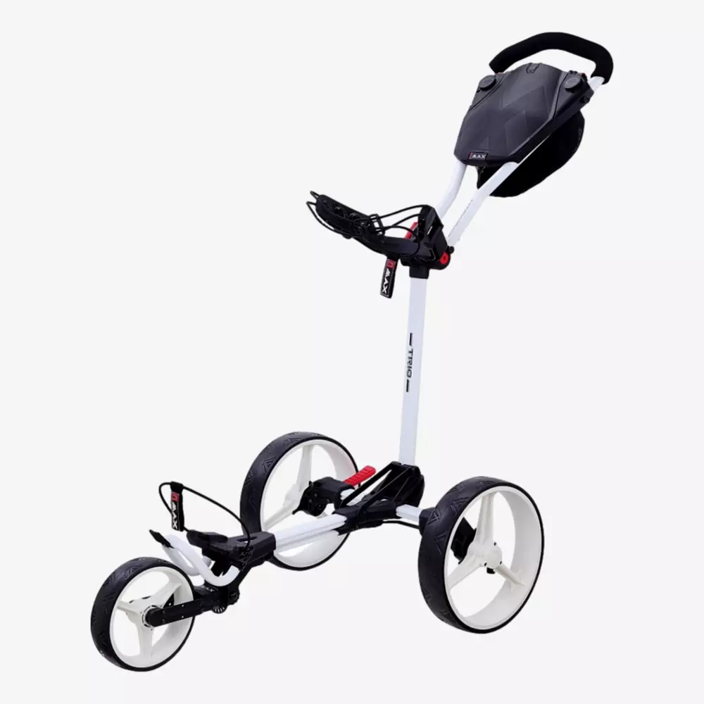 A three-wheeled, white and black push golf cart with a handle, storage compartment, and slots for holding golf clubs—because is summer the right time to buy rain gear? Yes! Be prepared for any weather on the course.