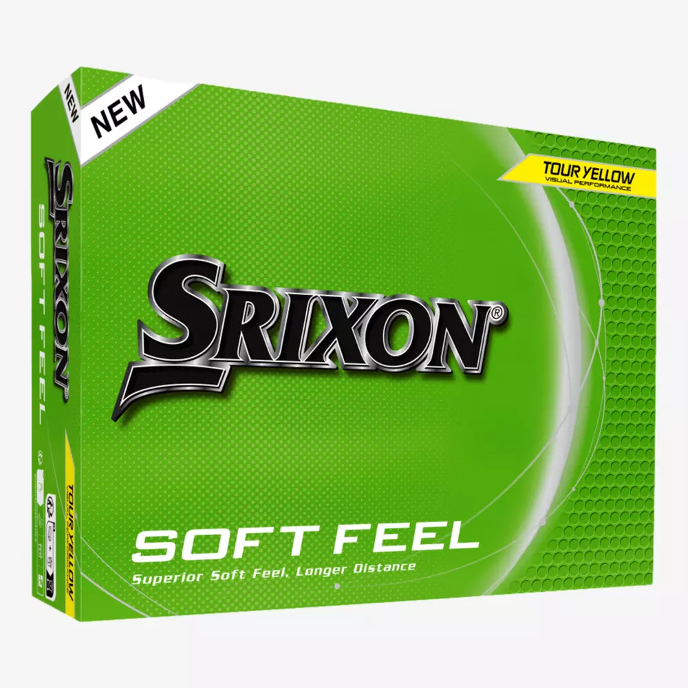 A green box of Srixon Soft Feel golf balls, labeled NEW top left and YELLOW TOUR top right, with white and silver text that says Superior Soft Feel. Pair it with the best golf smartwatch for longer distances.