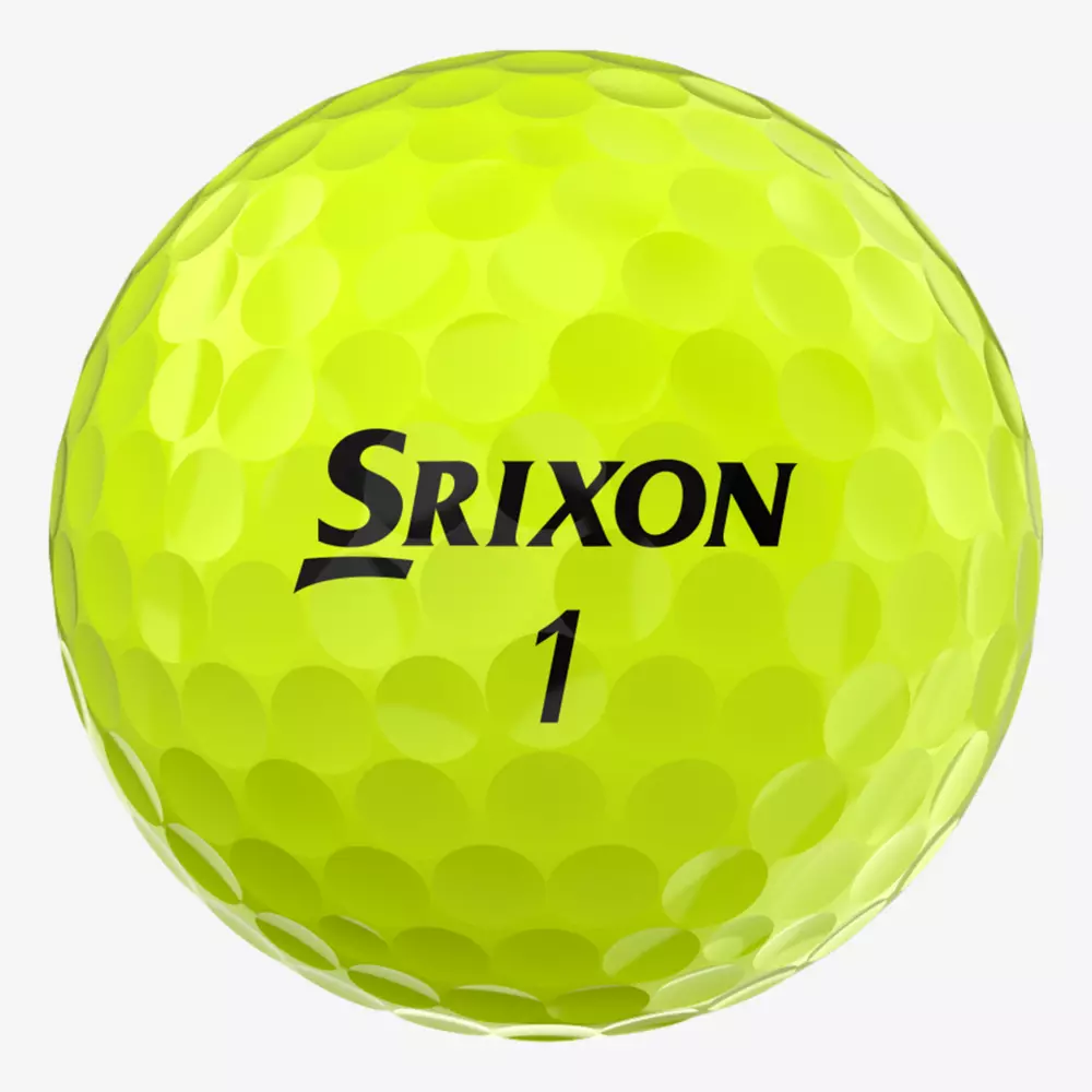 A bright yellow Srixon golf ball with the number 1 printed in black sits atop a plain white background—perfect for pairing with the best golf smartwatch to improve your game.