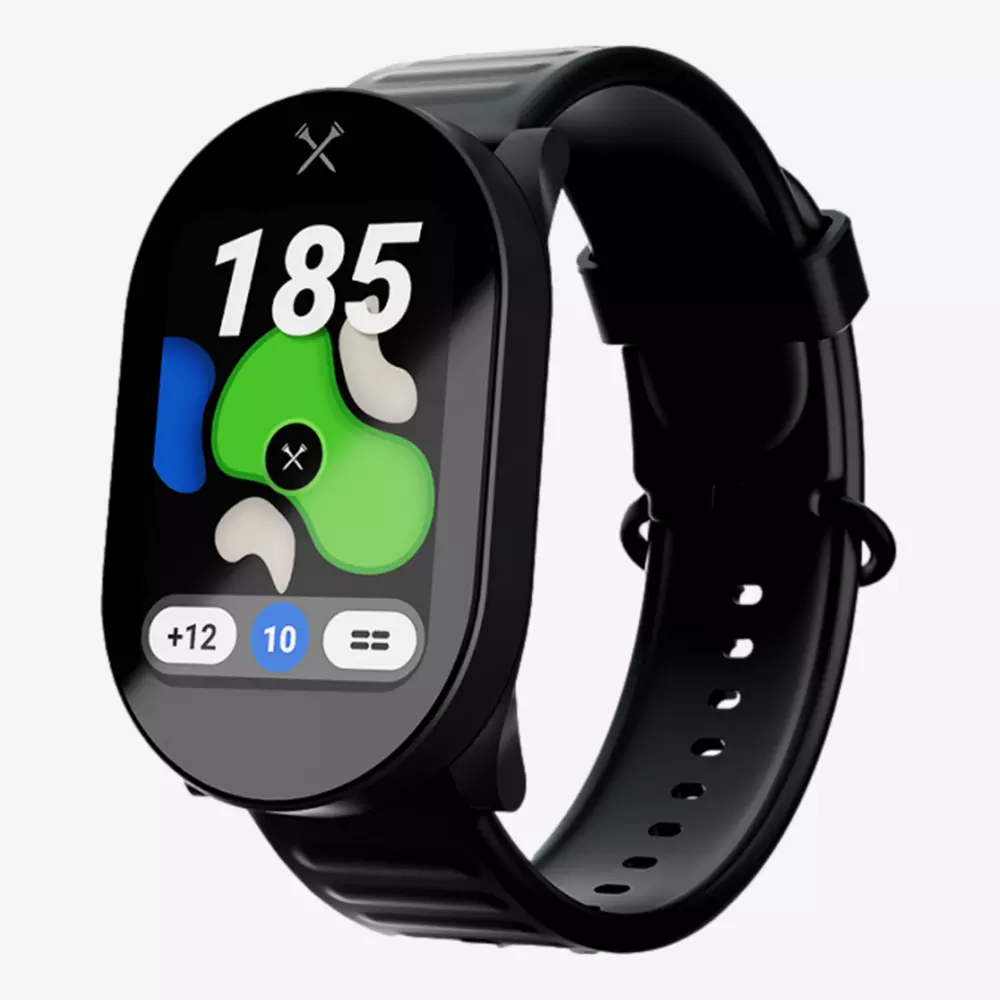 A black smartwatch with a colorful digital display showing the number 185, abstract shapes in green, blue and white and two buttons labeled +12 and 10—an ideal choice for those looking for the best golf smartwatch.
