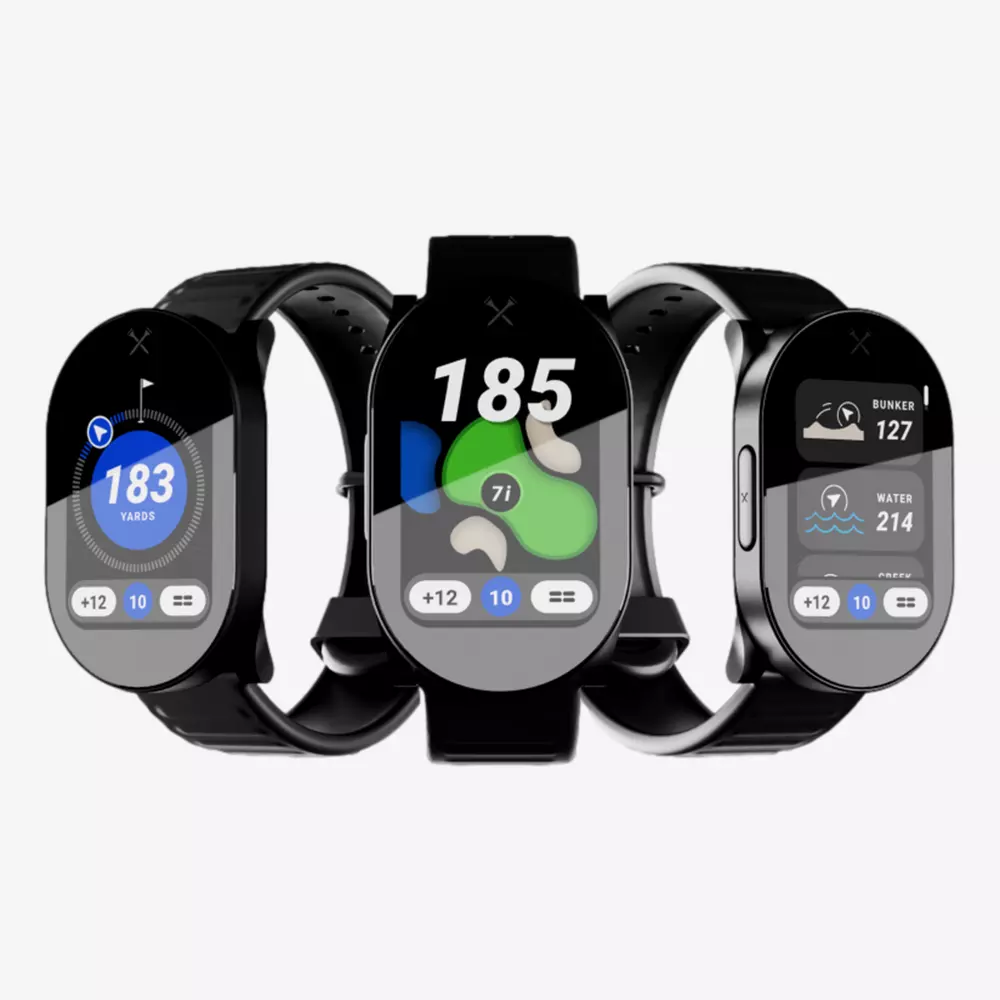 Three black smartwatches, including the best golf smartwatch, feature golf-related displays like distance to the hole, a course map with yardage and water hazard details, all set against a plain white background.
