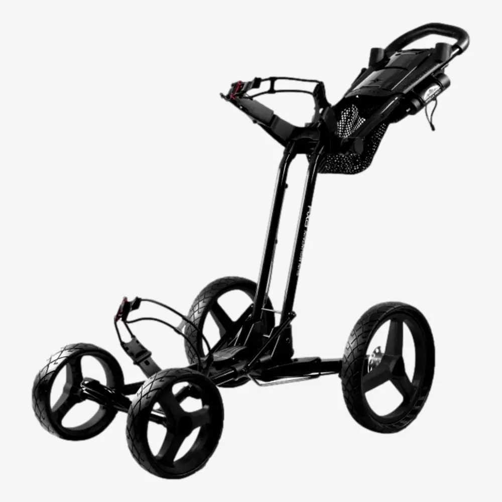 A black, four-wheeled golf push cart with a handle, storage console, and sturdy frame is shown on a white background. The cart is empty, wheel supports extended—ready for your golf bag or even rain gear. Is summer the right time to buy rain gear? Yes!.