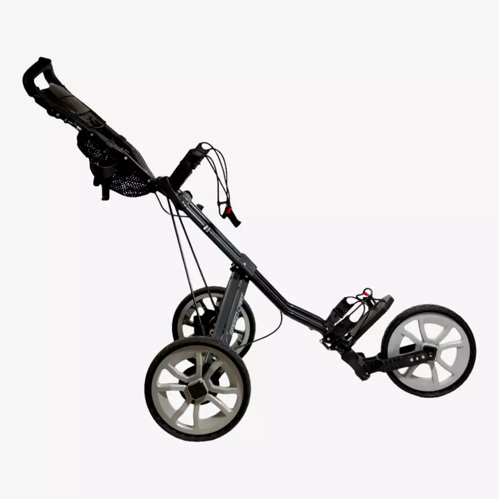A black and gray three-wheeled golf push cart with a handle, storage compartment, and cable brakes is shown against a plain white background. Is summer the right time to buy rain gear? Yes! Stay prepared on the course, whatever the weather.