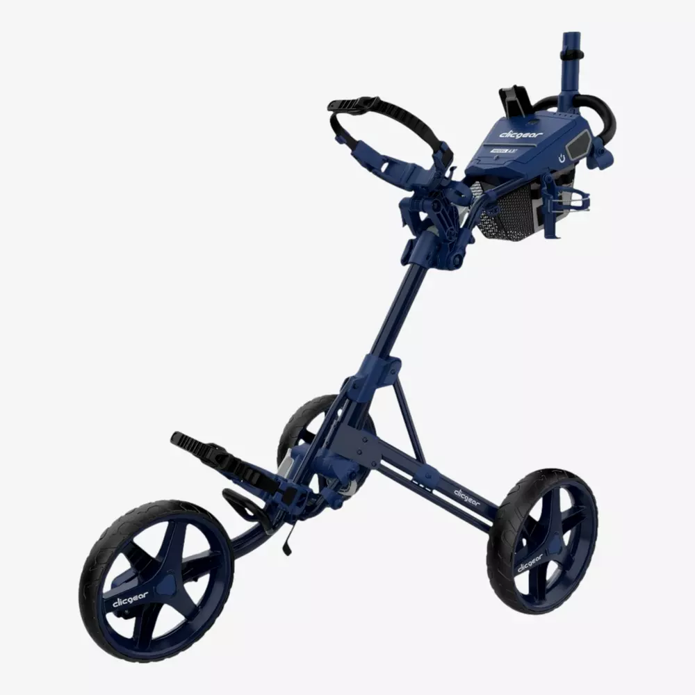 A navy blue three-wheel golf push cart with a sturdy frame, adjustable handle, and a mesh storage compartment—perfect for carrying your golf bag and accessories. Is summer the right time to buy rain gear? Yes! Stay prepared on the course year-round.
