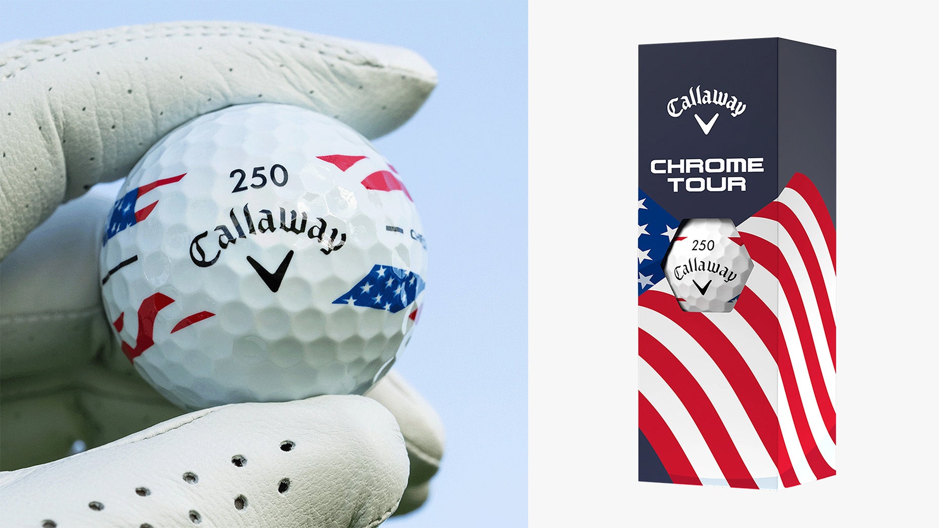 Eine behandschuhte Hand hält einen Callaway-Golfball, der mit roten und blauen Motiven der amerikanischen Flagge verziert ist – die perfekte rote, weiße und blaue Ausrüstung für eine patriotische Feier. Daneben ist der Ball verpackt in einer Callaway Chrome Tour-Box mit Sternen und Streifen zu sehen.