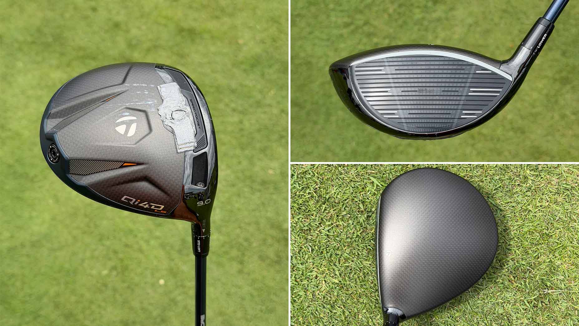 A composite image showing three views of a golf driver—clubface, crown from above, and an angled view highlighting the head design—on a grass background, perfect for WITB enthusiasts analyzing driver details.