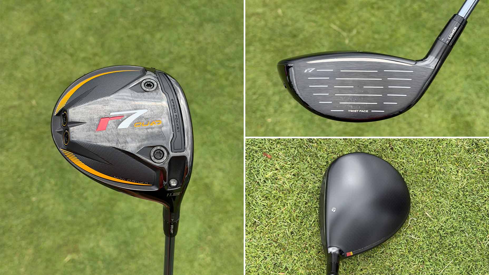 A collage of three images shows a TaylorMade r7 Quad golf driver, famously featured in many WITB setups: the clubhead’s sole with branding and adjustable weights, the clubface with grooves, and a top view resting on green grass.