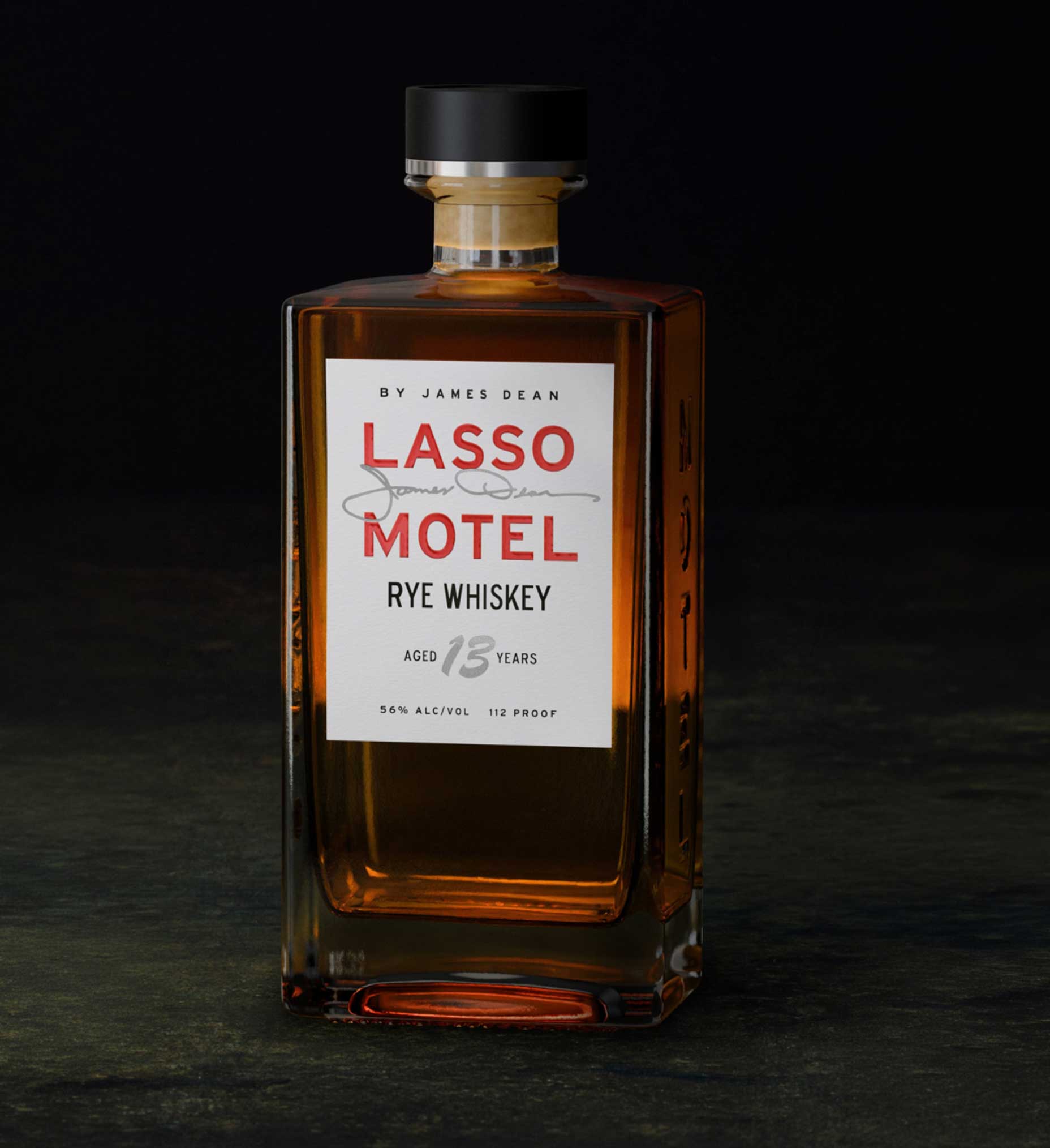 A square glass bottle of Lasso Motel Rye Whiskey, aged 13 years, with a black cap and white label featuring red and black text. Set against a dark background, it’s an ideal gift for Father’s Day or collectors of fine whiskies.