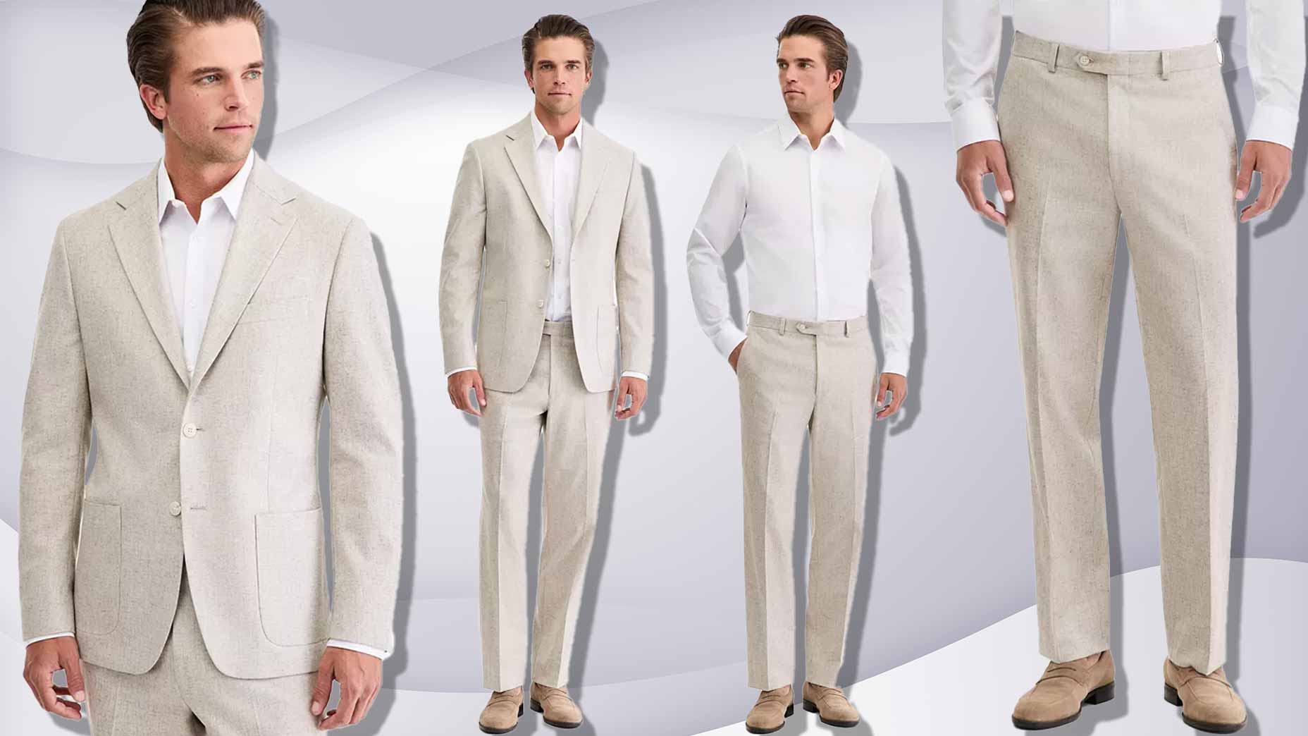 A man models a light beige summer suit with a white dress shirt and tan shoes. The image shows full, three-quarter, and close-up views of the suit jacket and pants on a light abstract background—an ideal gift idea for Dad.