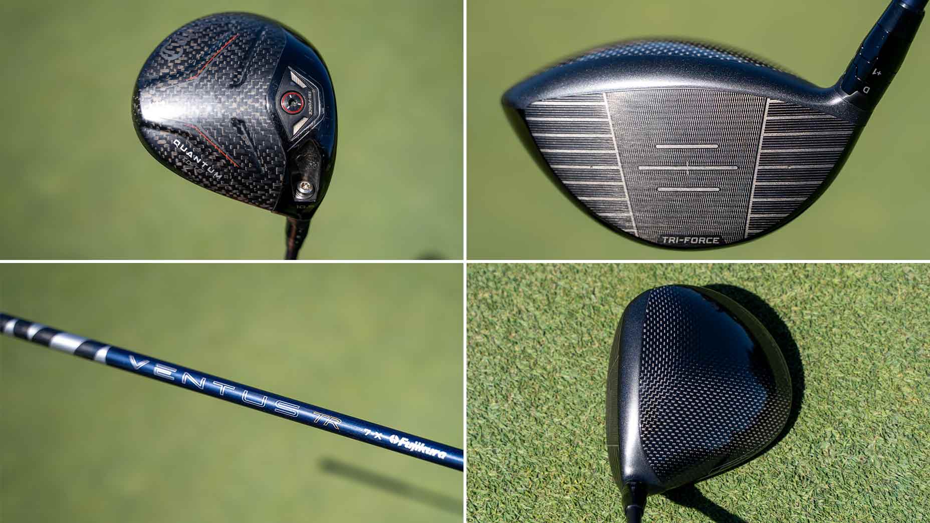 Four close-up images of a golf driver featured in Bag Spy: the clubhead’s face, top view, shaft labeled VENTUS, and a side view with the carbon fiber pattern—all set against a grassy background. Used by Min Woo Lee.