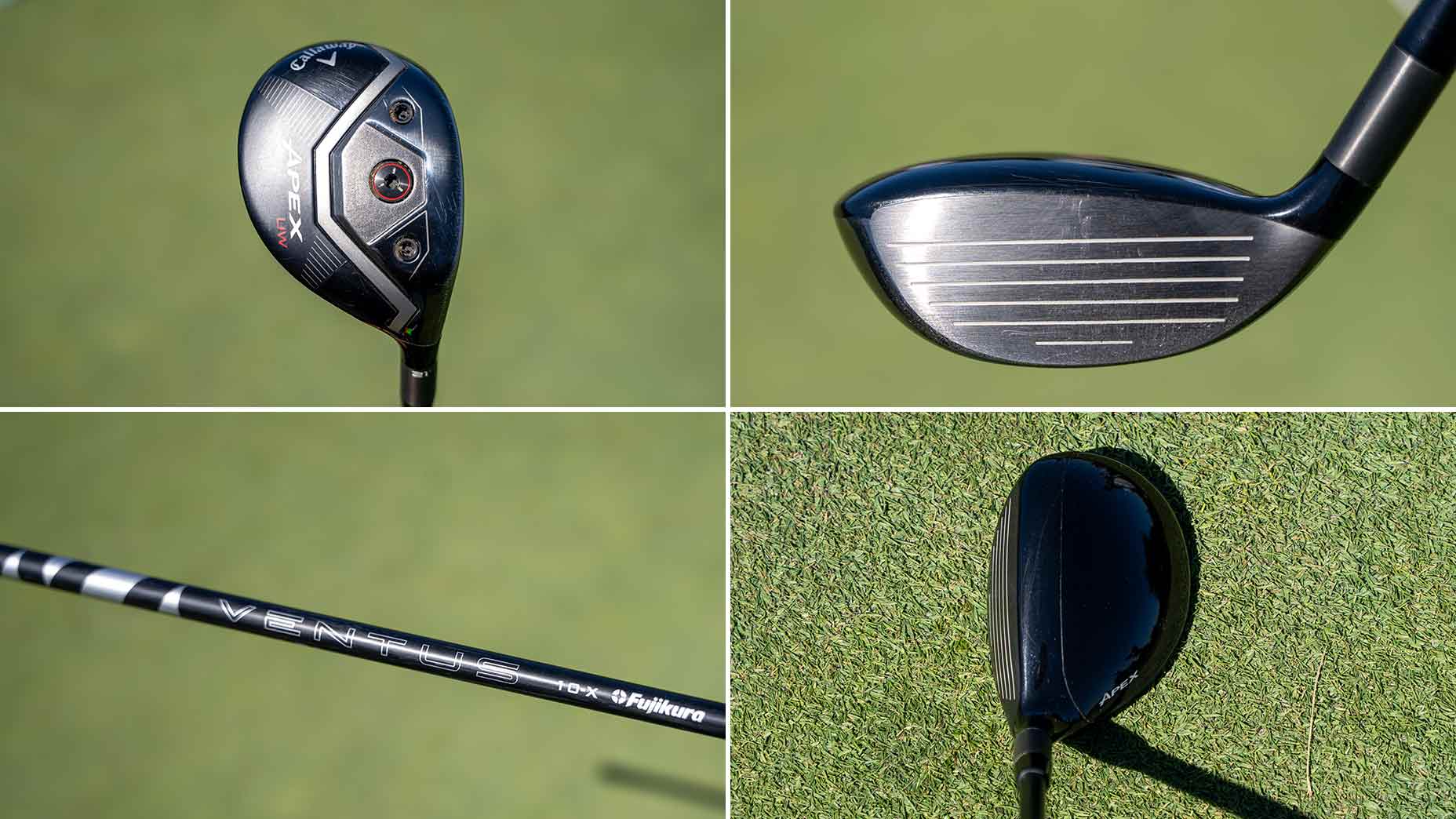 A collage of four images showcases a golf club from various angles—clubhead’s back, clubface, shaft with “VENTUS” branding, and a top view on grass—perfect for a Bag Spy inspired by Min Woo Lee’s gear.