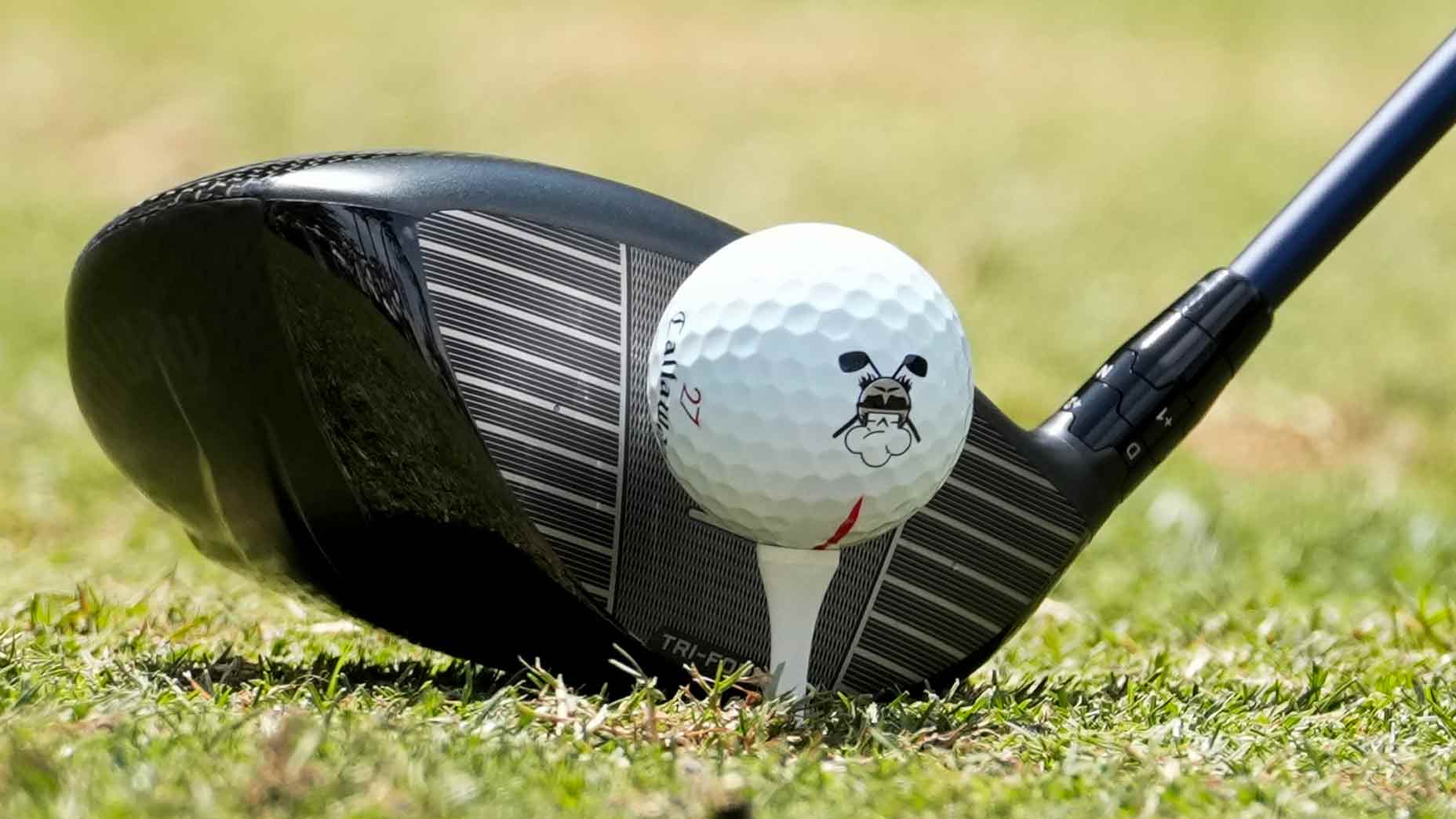 A close-up of a golf driver poised to hit a teed-up ball featuring a cartoon bulldog face, inspired by Min Woo Lee’s style. The scene is set on green grass with Bag Spy-worthy club and ball in sharp focus.