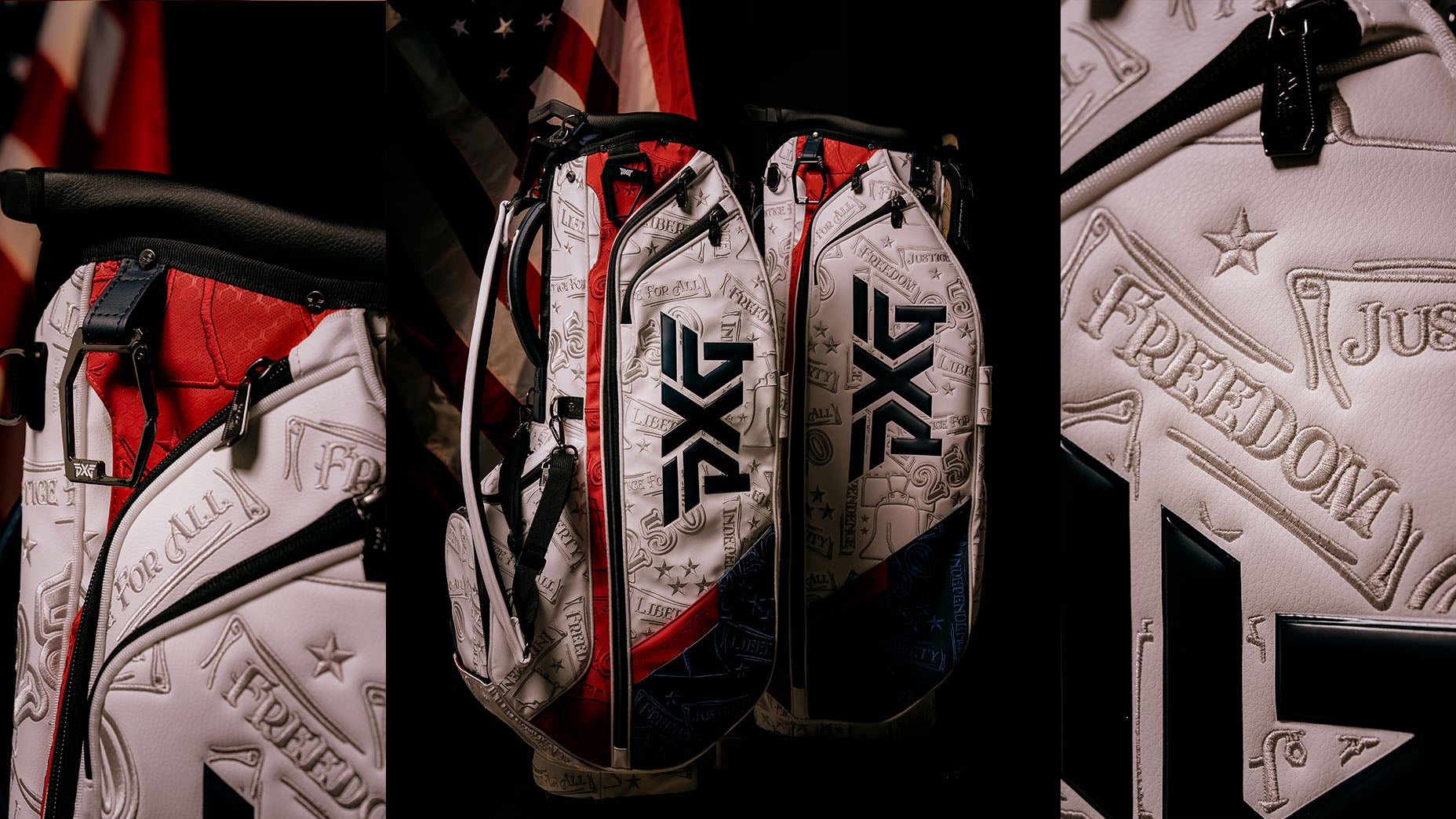 Three views of PXG golf bags with embossed patriotic designs, including words like FREEDOM and JUSTICE, and featuring red, white, and blue accents in front of an American flag background.