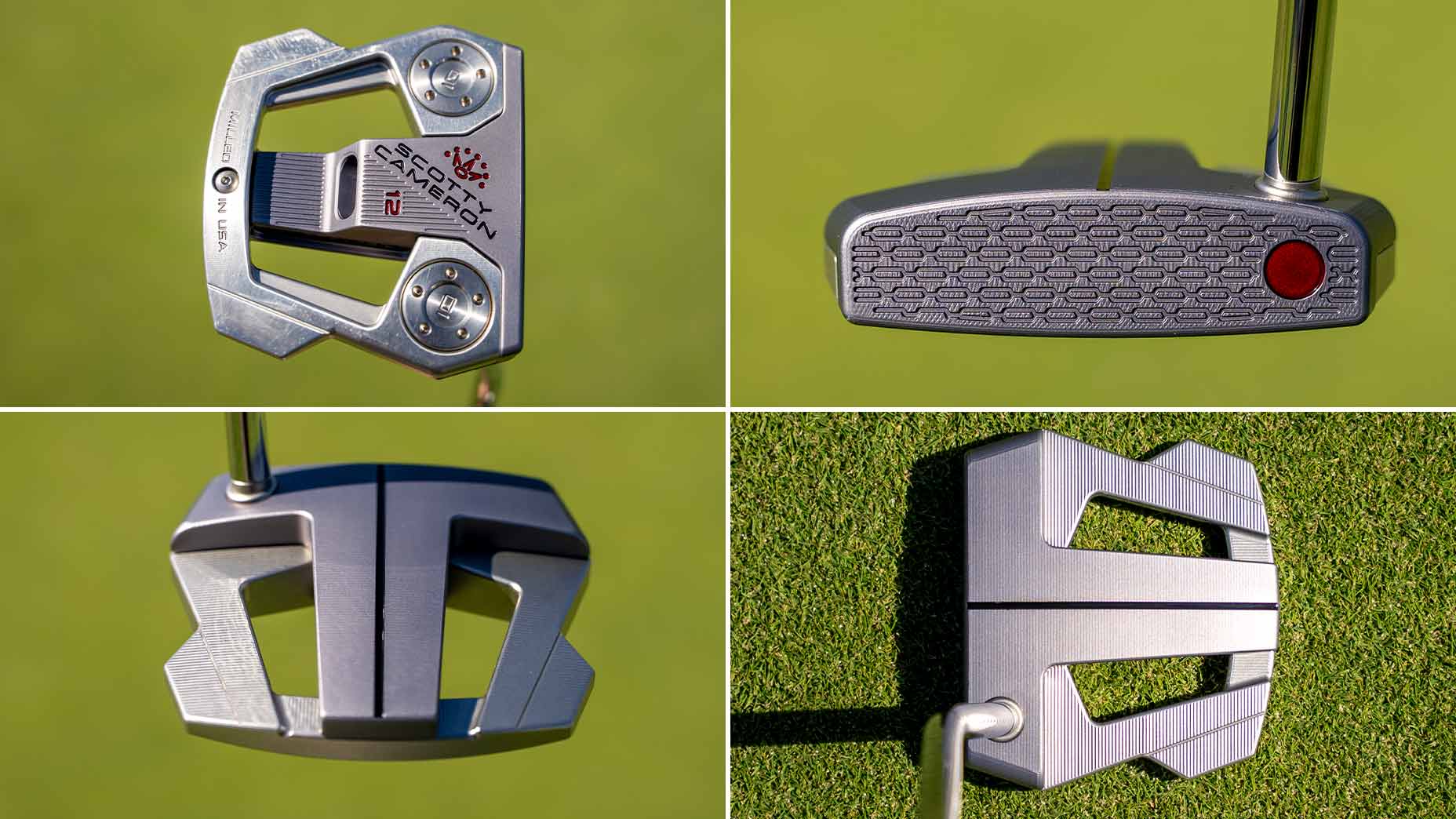 A collage of four close-up images showing different angles and designs of Scotty Cameron metal golf putters on green grass, highlighting the club heads, faces, and Phantom mallet alignment markings.