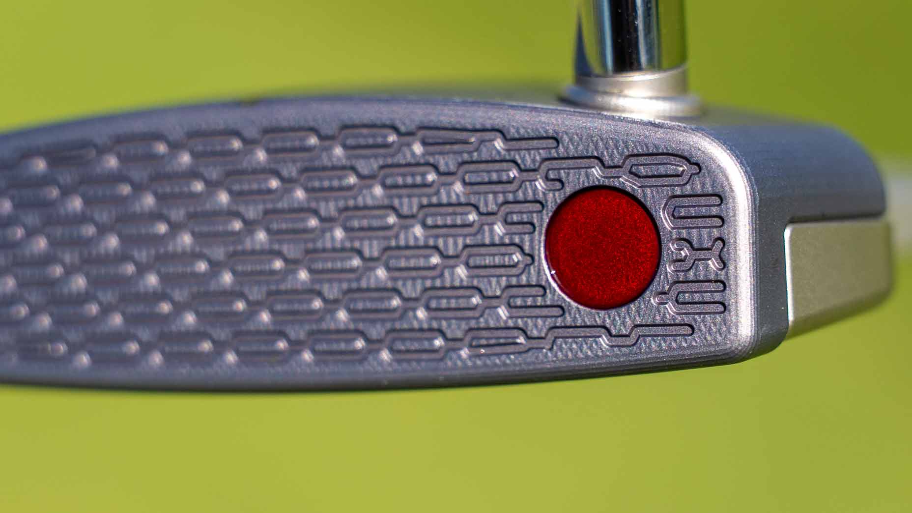 Close-up of a Scotty Cameron Phantom mallet putter face, showcasing its detailed textured pattern and prominent red circular insert on the right side, set against a blurred green background.