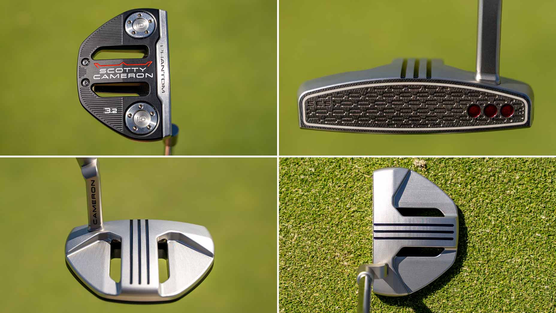 A collage of four close-up views of different styles of golf club putters, showcasing their faces, backs, and alignment lines on a green grass background—perfect as a template for your next golf club launch.