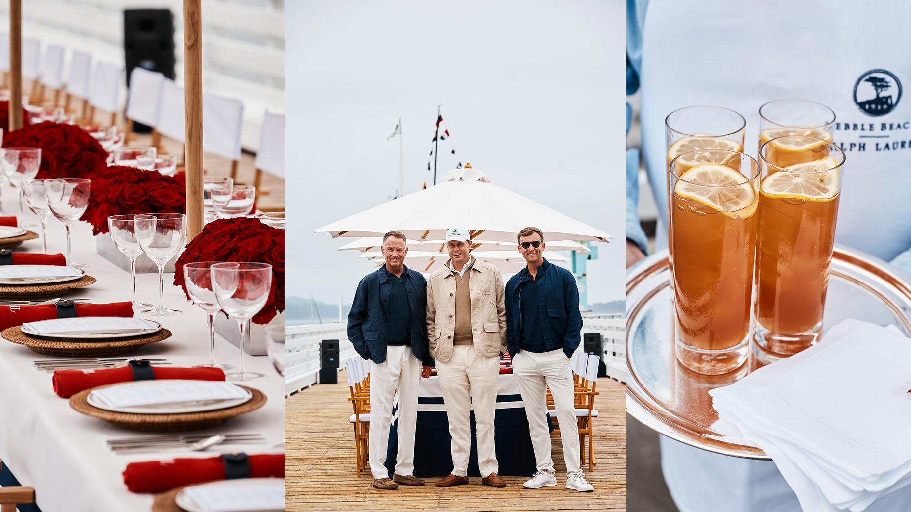 A long table set with red roses and glassware, three men in Ralph Lauren navy jackets and white pants stand by a pier, and three glasses of iced tea with lemon slices on a tray.