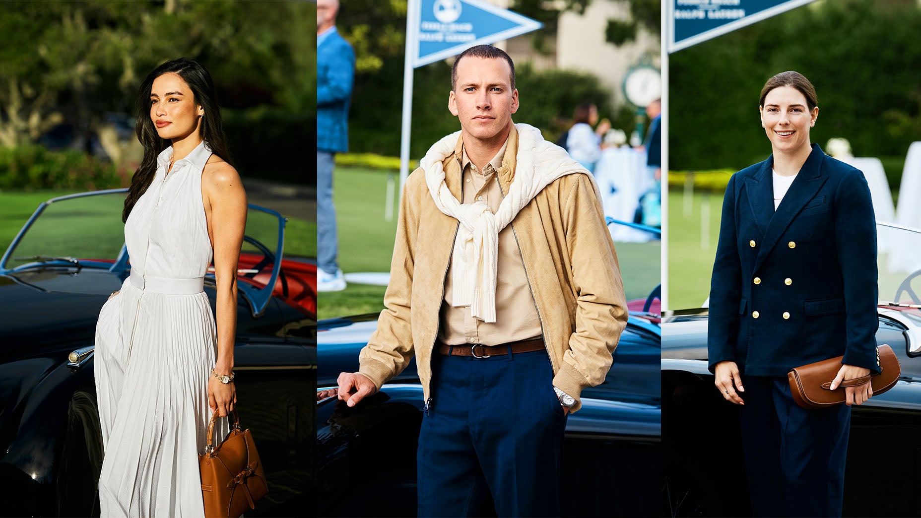Three stylishly dressed people pose outdoors in front of a classic black car; the woman on the left wears a light pleated dress, the man in the center channels Ralph Lauren with a beige jacket, and the woman on the right wears a navy blazer.