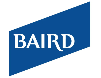 The image shows the BAIRD logo with the word BAIRD in white capital letters on a blue, slanted rectangular background.