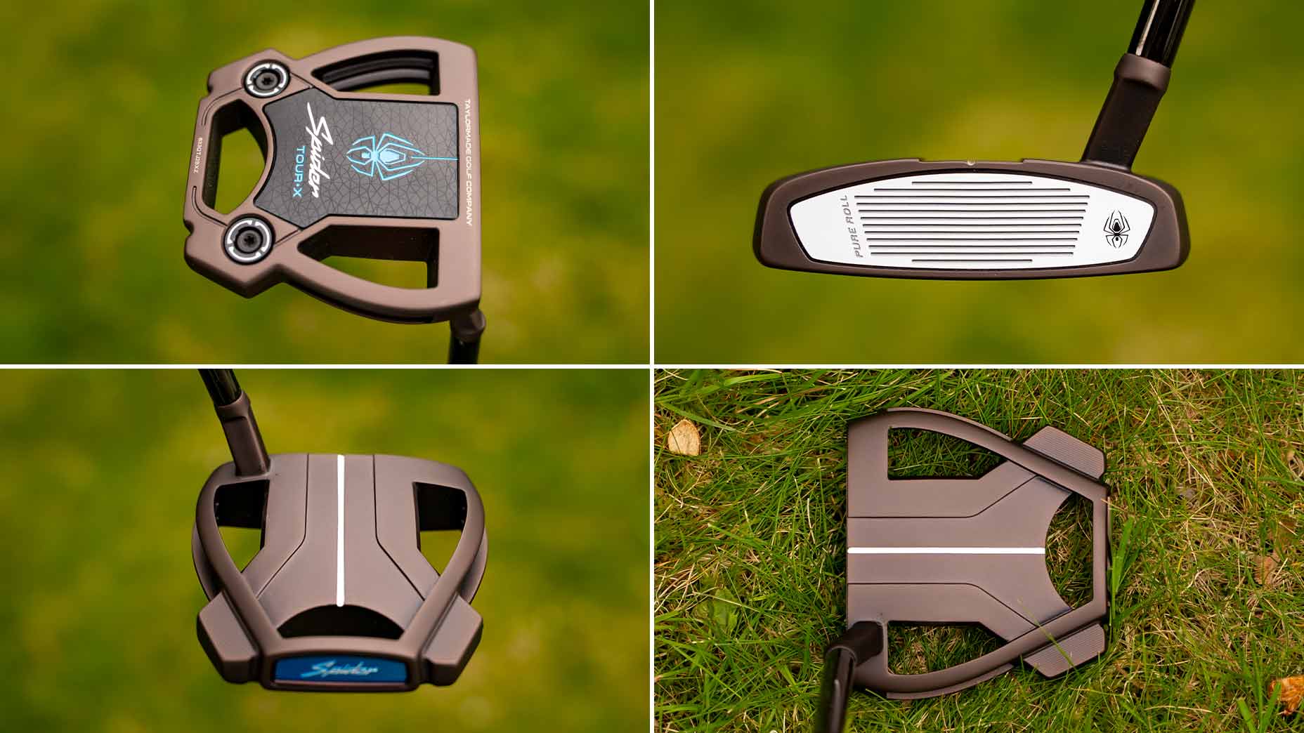 A collage showing close-up views of a modern golf putter with new shapes from different angles, including the face, top, and bottom—reminiscent of those favored by pros like Rory McIlroy—positioned on grass and a neutral background.