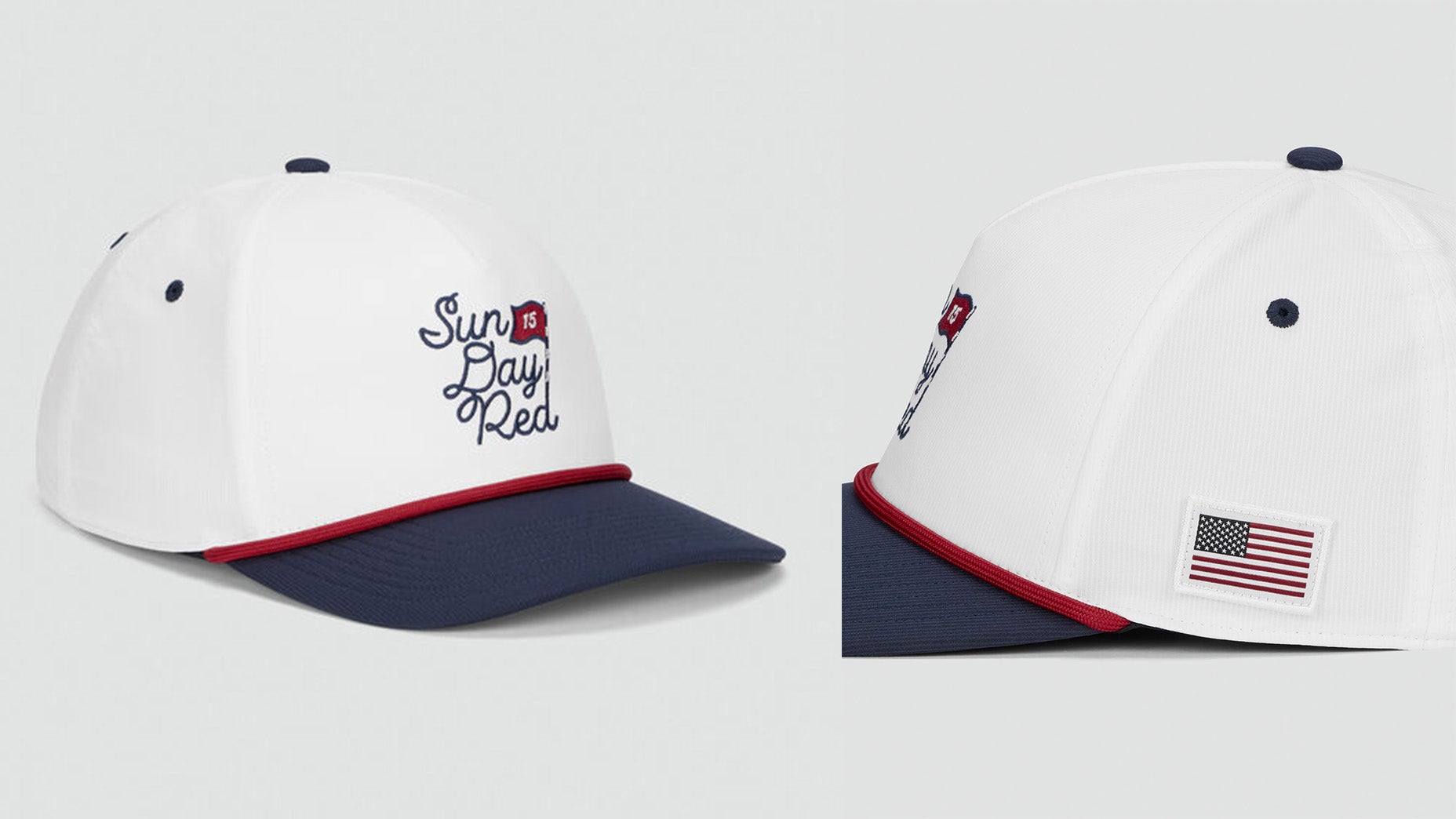 Eine weiße Baseballkappe mit marineblauem Schirm, rotem Besatz und Sun Day Red auf der Vorderseite – die perfekte rot-weiß-blaue Ausrüstung für eine patriotische Feier. Verfügt über eine kleine rote Flagge und einen gestickten Aufnäher mit amerikanischer Flagge an der Seite.