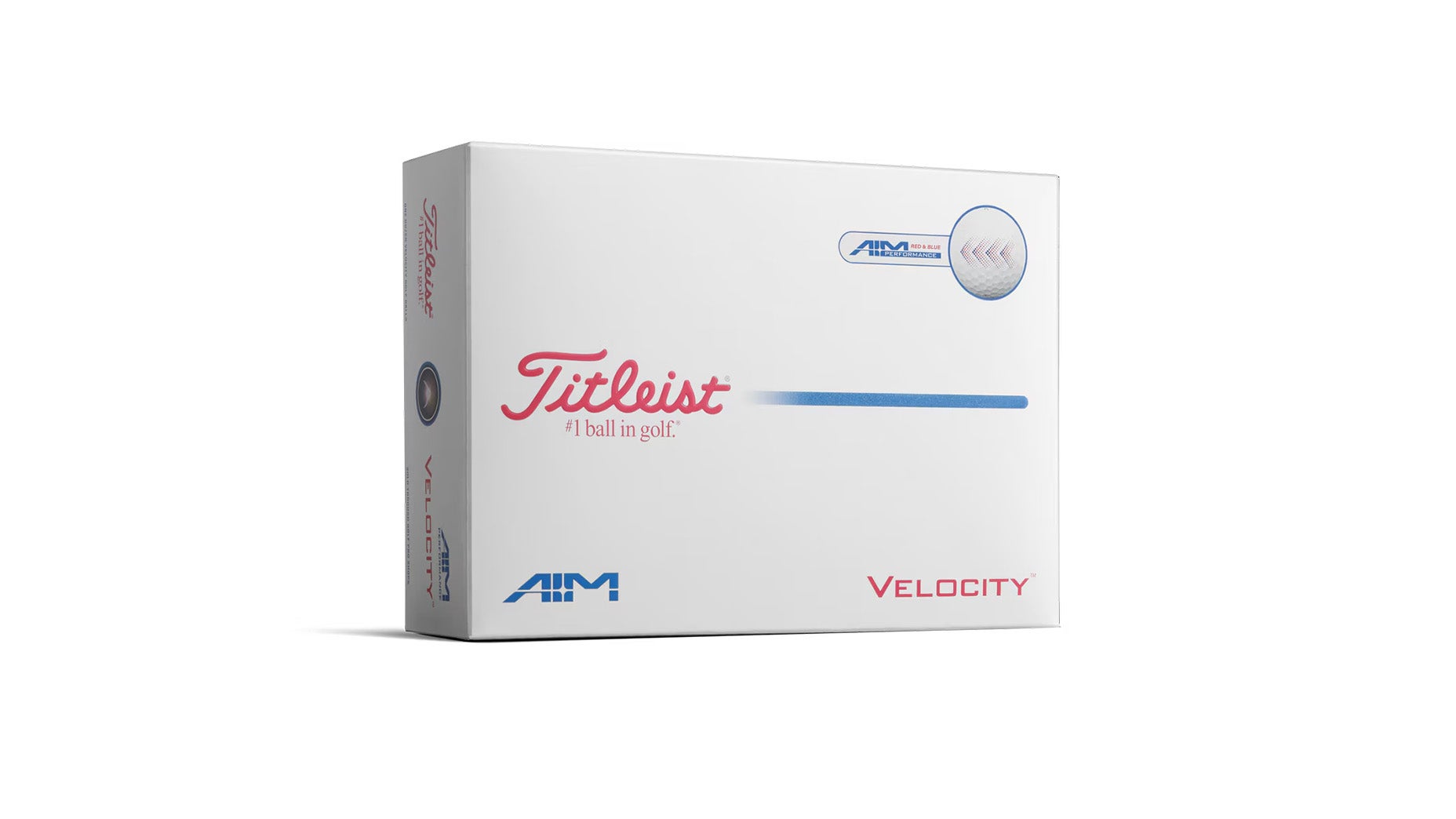 Eine weiße Schachtel mit Titleist Velocity-Golfbällen mit dem Titleist-Logo in roter und blauer Schrift, einem Golfballbild oben rechts und 