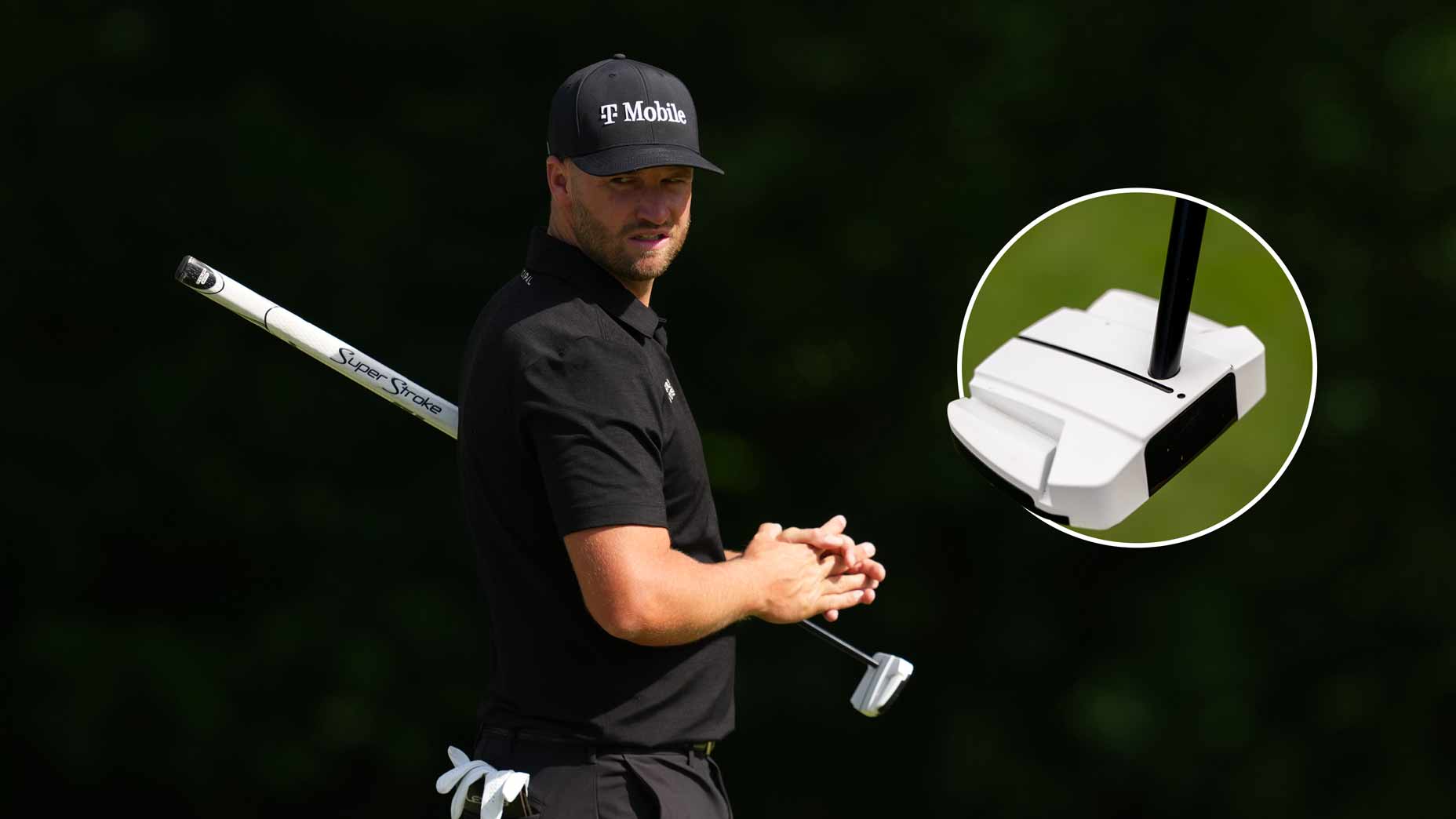 A golfer in black attire and cap stands holding a putter; an inset highlights a close-up of a white putter head against a dark background.