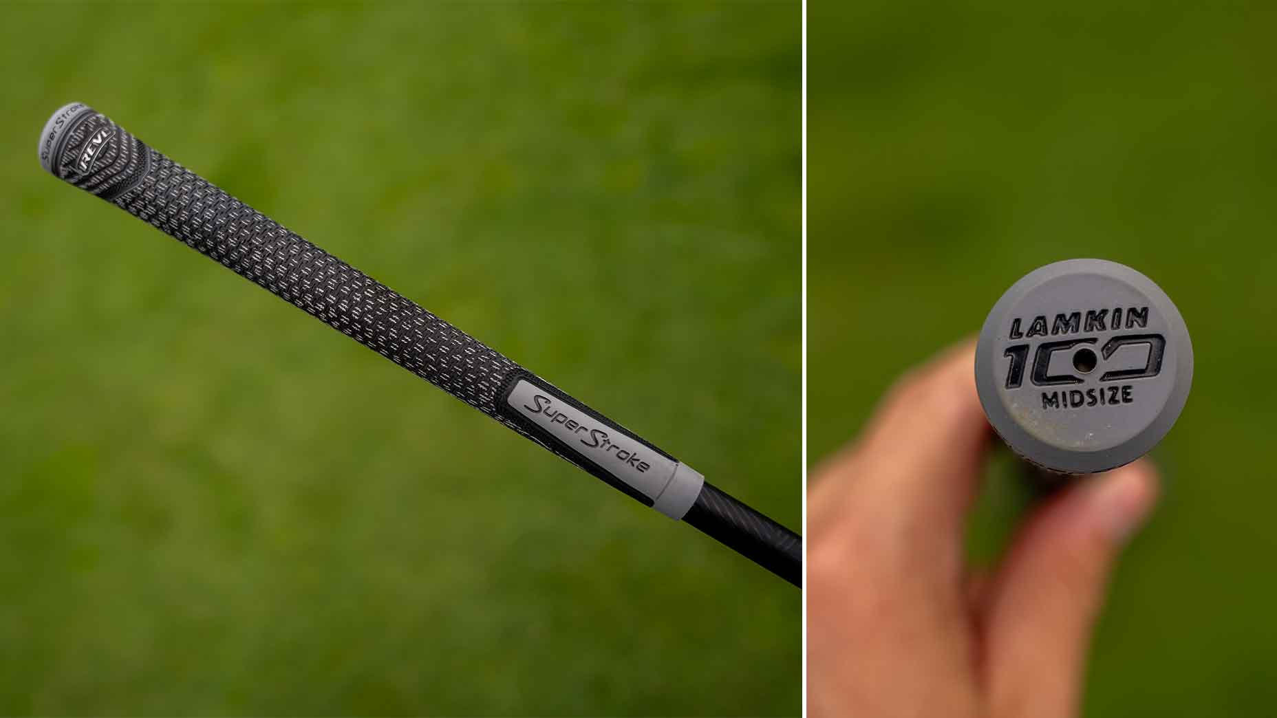 Close-up of a golf club grip with SuperStroke branding on the shaft and Lamkin 100 Midsize on the grey end cap, similar to what you’d find in a Wyndham Clark WITB, held against a blurred green background.
