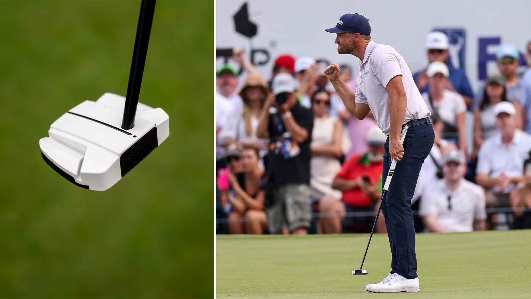 Split image: On the left, a close-up of a white golf putter; on the right, a golfer celebrates a putt with a fist pump, surrounded by a crowd on a golf course.
