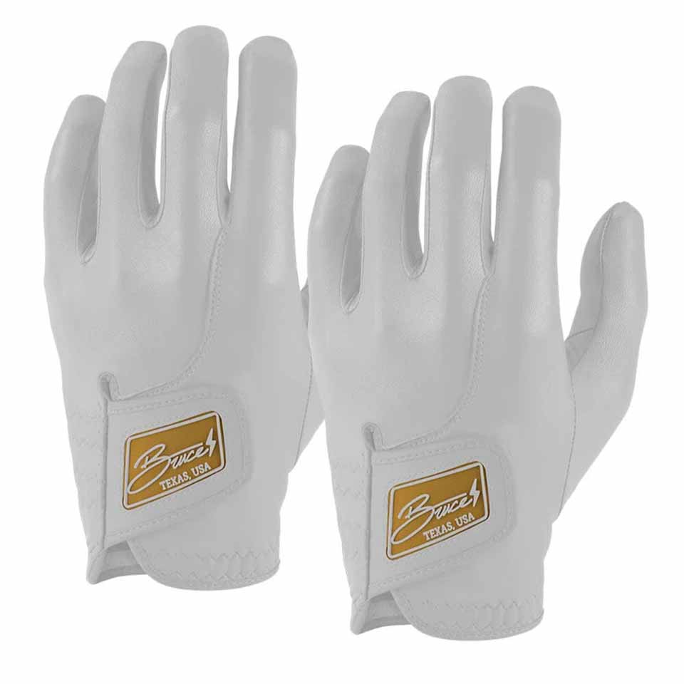 A pair of white sports gloves with a brown and gold patch inscribed Bruce, Texas, USA on the wrist—perfect as inexpensive accessories or thoughtful Father's Day gifts, set straight with slightly curved fingers.