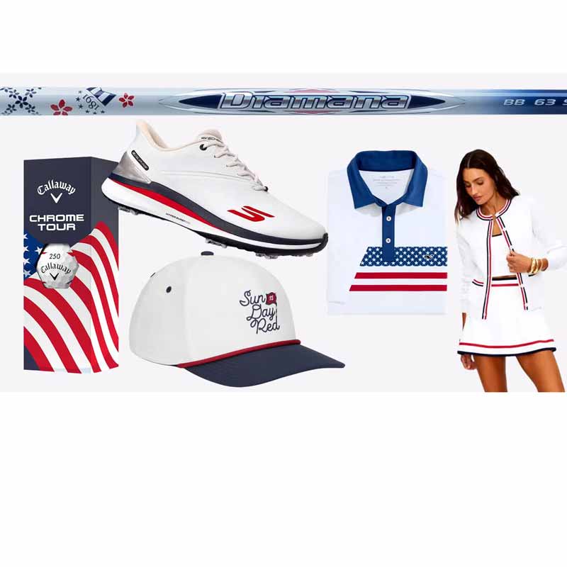 A golf-inspired collage: a white and gray golf shoe, a white and blue golf polo shirt, a white hat with Sunday Red text, a golf club, Callaway golf balls with a USA flag design, and a woman in a stylish white outfit with red and blue trim.