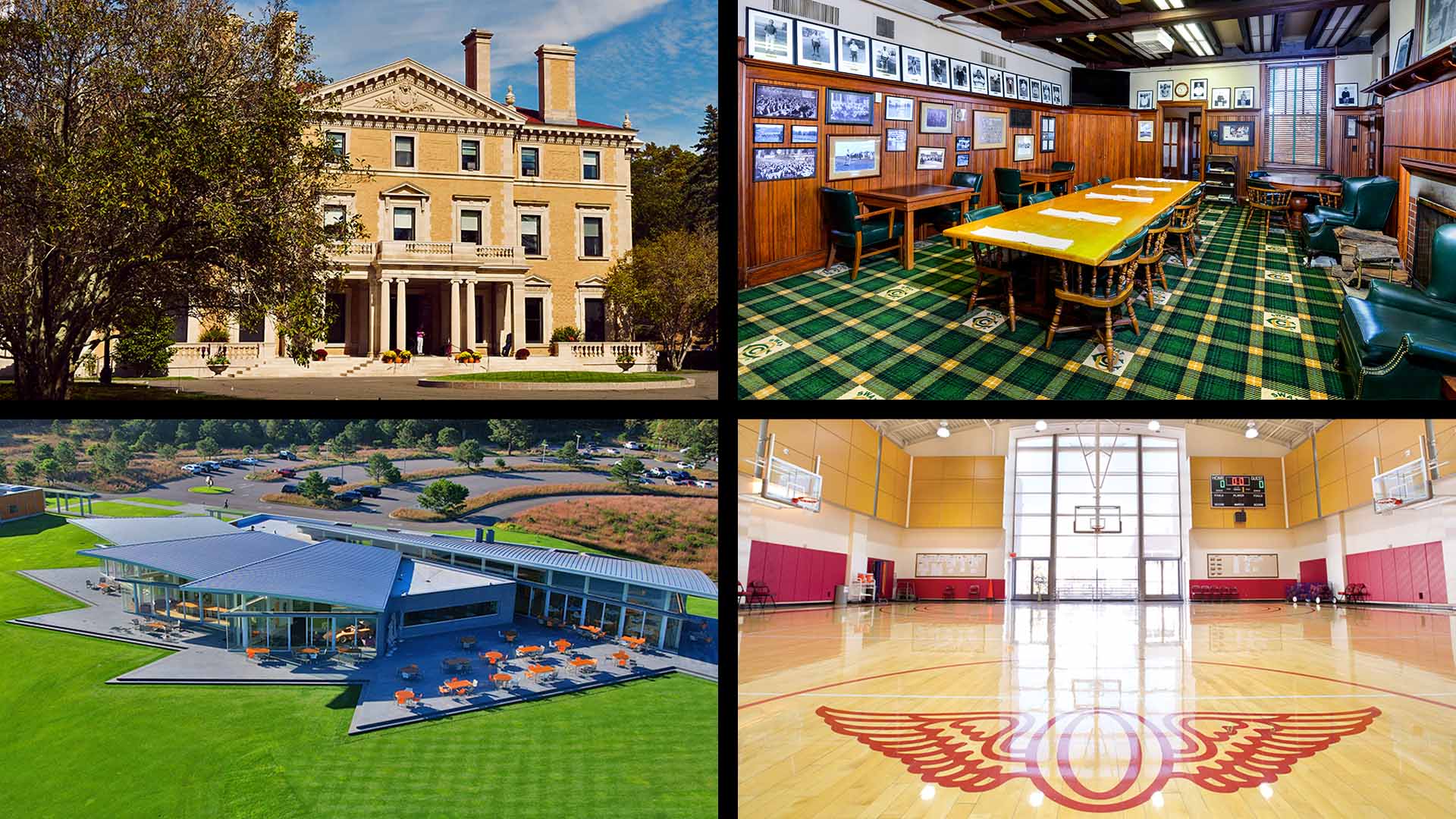 A collage of four images: a large historic mansion, an elegant wood-paneled room with green plaid carpet and framed photos, modern glass-walled golf clubhouses with outdoor seating, and a spacious indoor basketball court.