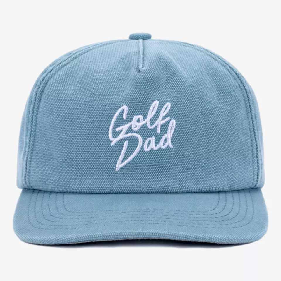 A bright green baseball cap with white embroidered text on the front that reads Golf Dad. With visible stitching and a curved hem, it's a great choice for Father's Day gifts or anyone looking for affordable accessories.