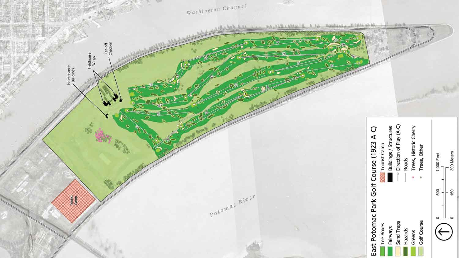 A map of East Potomac Park detailing the municipal golf course layout, with fairways, greens, labeled holes, tree preservation details in the legend, and boundaries marked by Washington Channel and Potomac River.